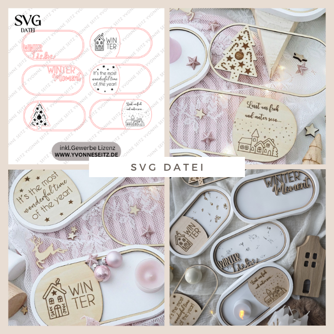 SVG Laserdatei 6 Designs Einleger ovales Dekotablett Dekoteller Weihnachten Geschenkidee Raysin Keraflott Winter SVG Datei