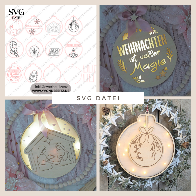 Lichtkugeln Leuchtkugeln 10 Designs Weihnachtsbaumkugel zum beleuchten SVG Laser Datei Weihnachten Transparentpapier Leuchtdatei Krippe Skandi