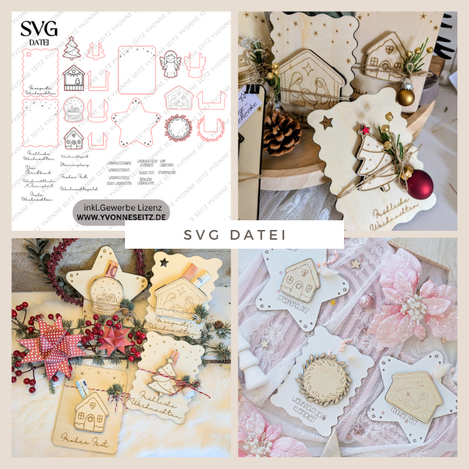 SVG Datei Verschiedene Designs Laserdatei Karten für Gutscheine Geld Blumen Weihnachten Nikolaus Christkind Geldgeschenk Verpackung Geld