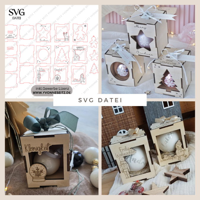 3mm Kugelbox für 6cm Kugeln SVG Datei Verpackung für Christbaumkugeln 9 Designs inkl. Anhänger Laserdatei Weihnachten Weihnachtskugel Skandi