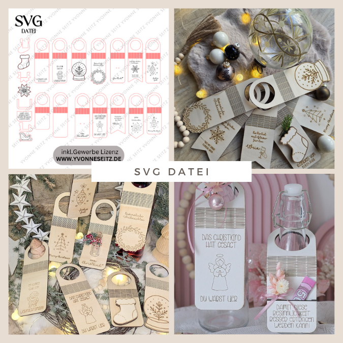 SVG Laserdatei Weihnachten 14 Designs Flaschenanhänger Weinflaschen Anhänger Weinflaschenanhänger Flexwood Flexibles Holz SVG Datei Nikolaus Christkind