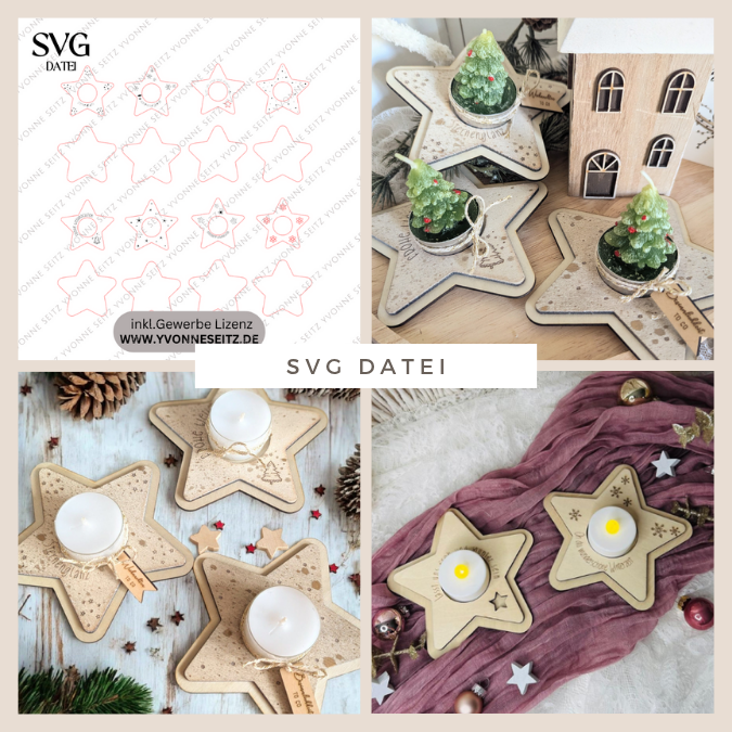 SVG Laserdatei 8 Designs LED Teelichthalter Sterne Kerzenständer Lichtdatei Stern Weihnachten Mitbringsel Skandi Scandichristmas SVG-Datei