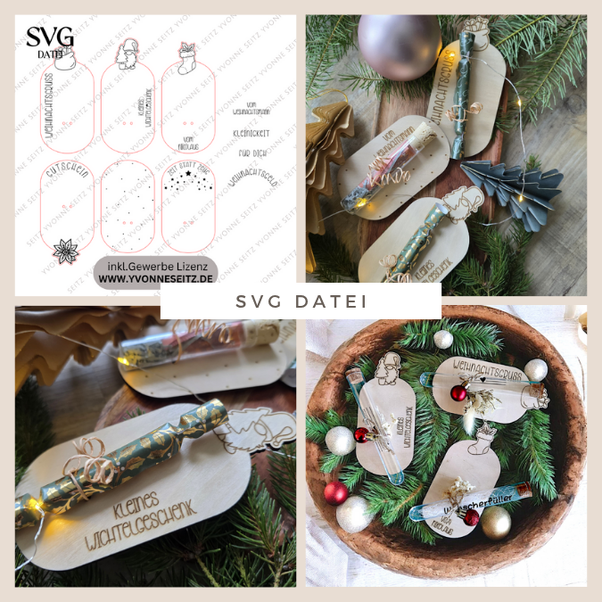 6 Designs Laserdatei Halter für Geldgeschenke, Gutscheine und Kleinigkeiten Weihnachten Nikolaus Christkind Wichtel SVG Datei inkl Gravuren
