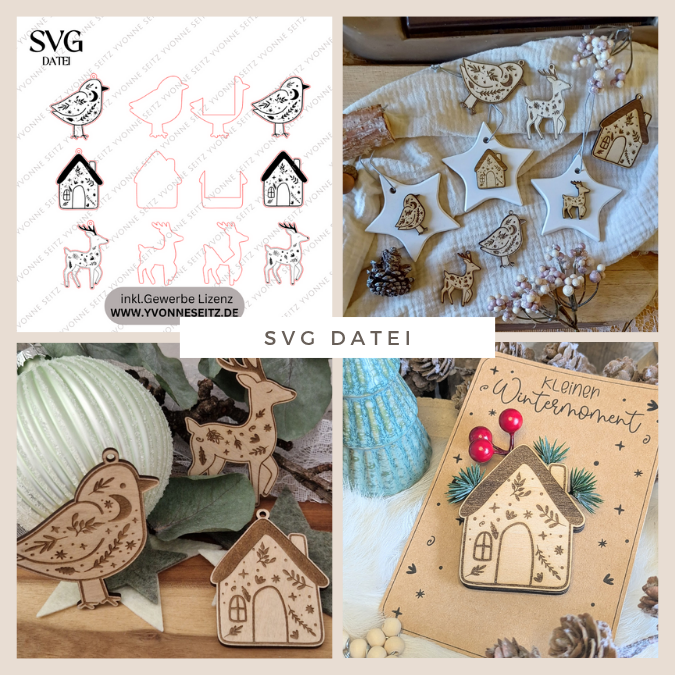 SVG Laserdatei Wintermagie Skandi Anhänger und füllbar mit Geld od Blumen Weihnachten kleines Mitbringsel SVG Datei Reh Hirsch Haus Floral