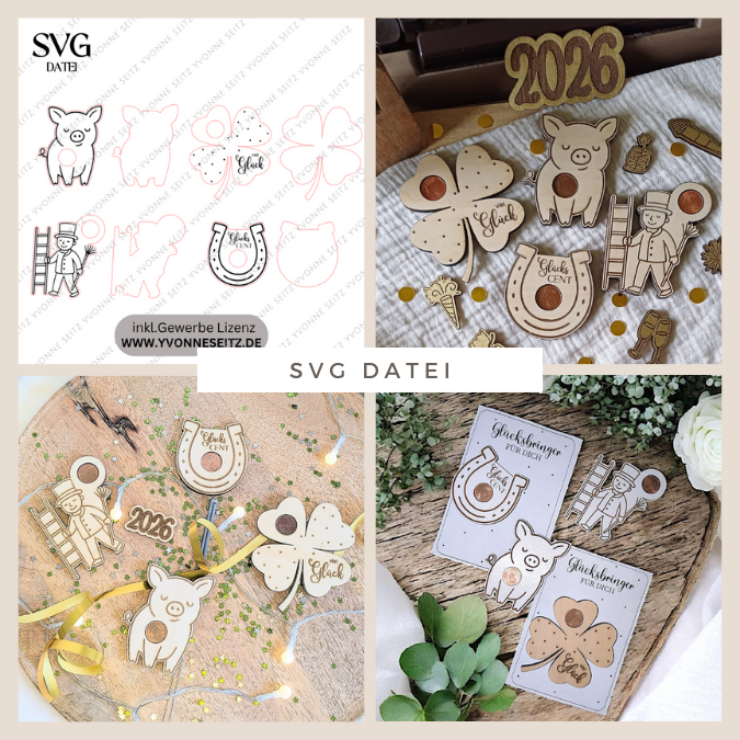 SVG Laserdatei Glückscent Halter für Centstücke 4 designs Glückspfennig Silvester Glück Glücksbringer Mitbringsel Silvester Neujahr Datei