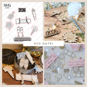 SVG Laserdatei 6 Designs Mini Silvesterparty Streudeko Silvester Neujahr Jahreswechsel Party to go Kleinigkeit Mitbringsel SVG Datei