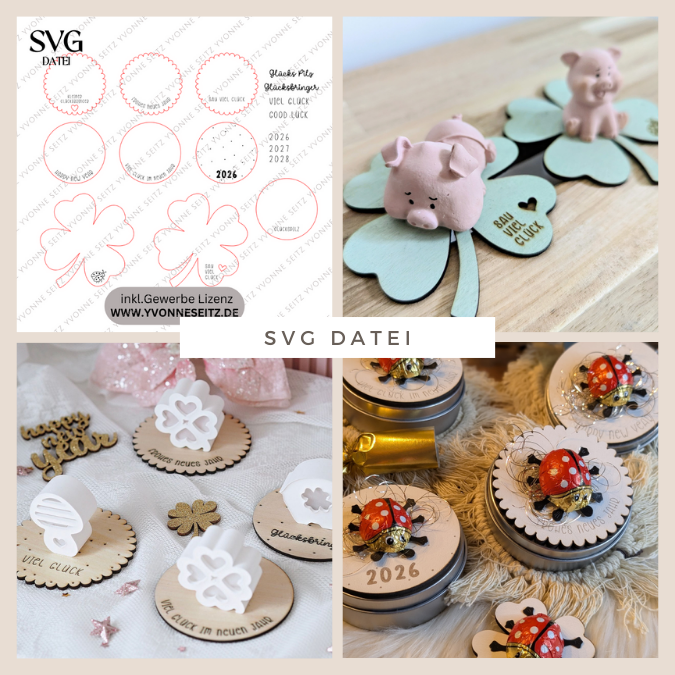 SVG Laserdatei Geschenkscheiben Glück Silvester Kleeblatt für Gießteile Kleinigkeiten Neujahr Jahreswechsel Mitbringsel Geschenkidee Datei