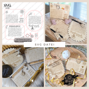 SVG Laserdatei Neujahreswünsche zum selber suchen Silvester Glück Glücksbringer Mitbringsel Silvester Neujahr Datei Kreuzworträtsel Laser