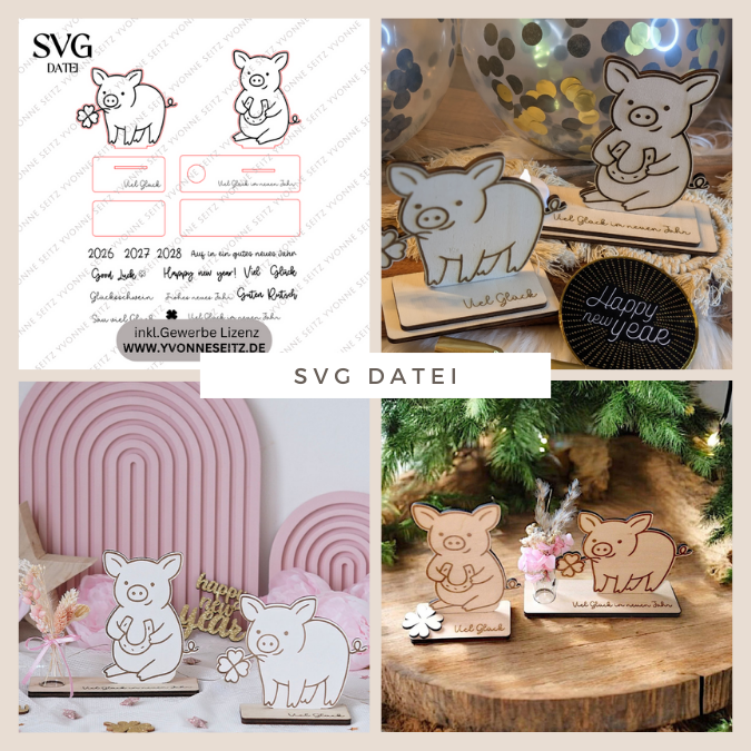 SVG Laserdatei Glücksschweine 3mm 4mm Aufsteller Tischdeko Silvester Glück Glücksbringer Mitbringsel Silvester Neujahr Datei Laser