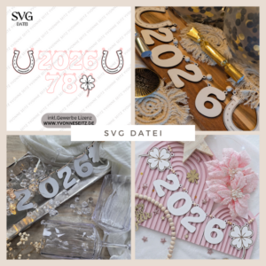 SVG Laserdatei Silvester Deko Partydeko Girlande zum aufhängen Kleeblatt Hufeiesen Silvesterdekoration Neujahr Jahreswechsel Datei