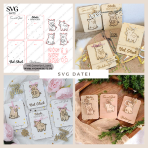 SVG Laserdatei Glücksbringer Anhänger und Karten Glücksschwein Silvester Glück  Mitbringsel Silvester Neujahr Datei 2026 2027 2028