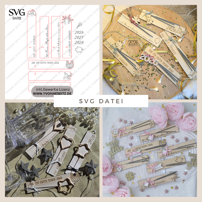 SVG Laserdatei 7 Designs plus Anhänger Wunderkerzenhalter Brett für Wunderkerzen Silvester Neujahr Jahreswechsel SVG Datei Mitbringsel Party