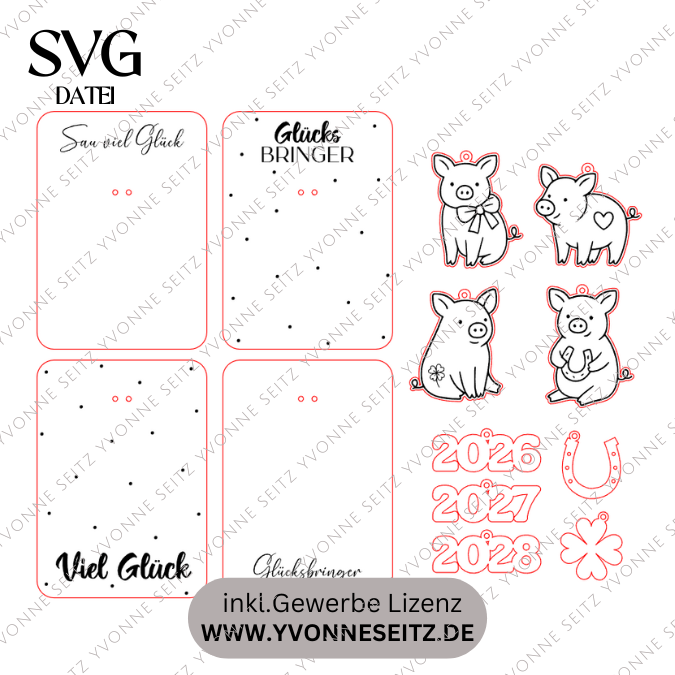 SVG Laserdatei Glücksbringer Anhänger und Karten Glücksschwein Silvester Glück Mitbringsel Silvester Neujahr Datei 2026 2027 2028 – Bild 2