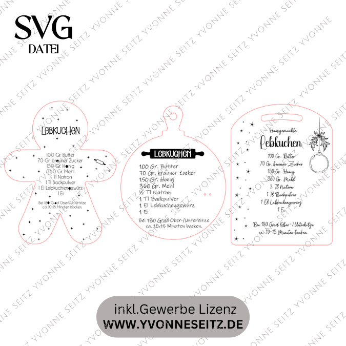 SVG Laserdatei 3 Designs Lebkuchenrezept Lebkuchen Brettchen Dekobrett Küchendeko Weihnachten kleines Mitbringsel SVG Datei Lebkuchenmann – Bild 2