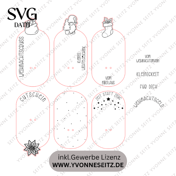 6 Designs Laserdatei Halter für Geldgeschenke, Gutscheine und Kleinigkeiten Weihnachten Nikolaus Christkind Wichtel SVG Datei inkl Gravuren – Bild 2