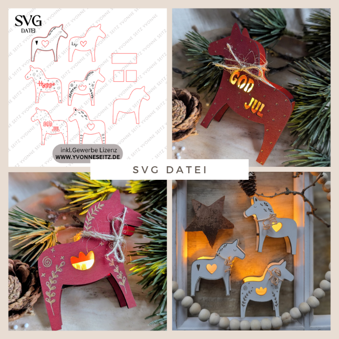 SVG Laserdatei 6 Designs Dala Mini Dalapferd zum füllen mit Blumen Geld oder Ballonlicht Mitbringsel Skandi Scandichristmas SVG-Datei