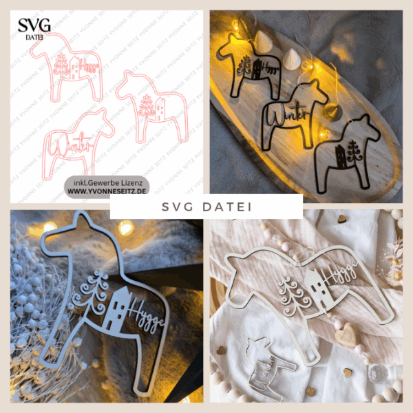 SVG Laser Datei 3er Set Dala Kränze Winter Weihnachten Skandi Scandi Dalapferd Skandinavian living Scandihome Reh Hej God Jul Dala Pferde