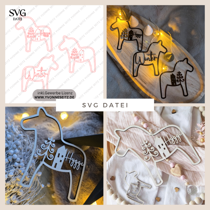 SVG Laser Datei 3er Set Dala Kränze Winter Weihnachten Skandi Scandi Dalapferd Skandinavian living Scandihome Reh Hej God Jul Dala Pferde