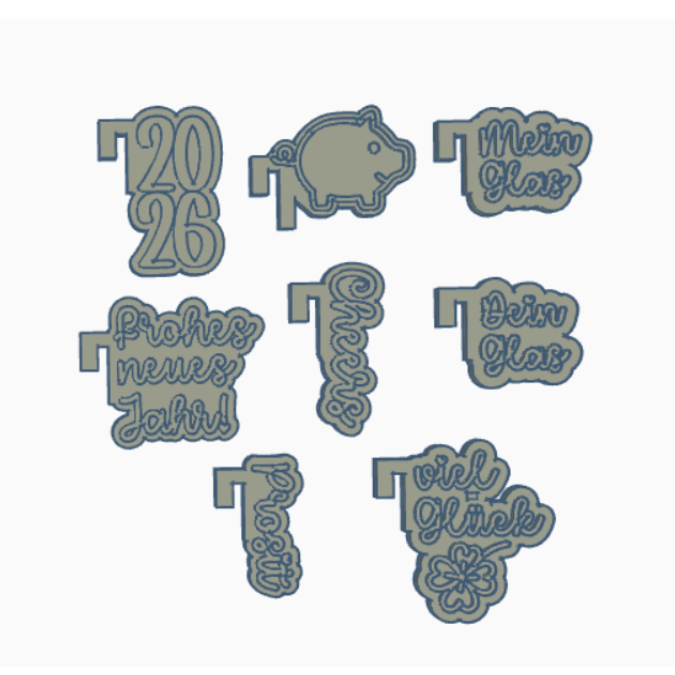 STL 3D Druck Datei 7er Set Glasmarkierer Glasanhänger Silvester Winter Feier Geschenkidee Skandi Neujahr Glück Glühwein Punsch Sekt Cheers – Bild 3