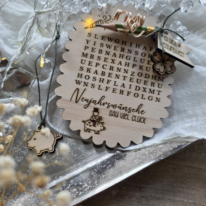 SVG Laserdatei Neujahreswünsche zum selber suchen Silvester Glück Glücksbringer Mitbringsel Silvester Neujahr Datei Kreuzworträtsel Laser – Bild 15