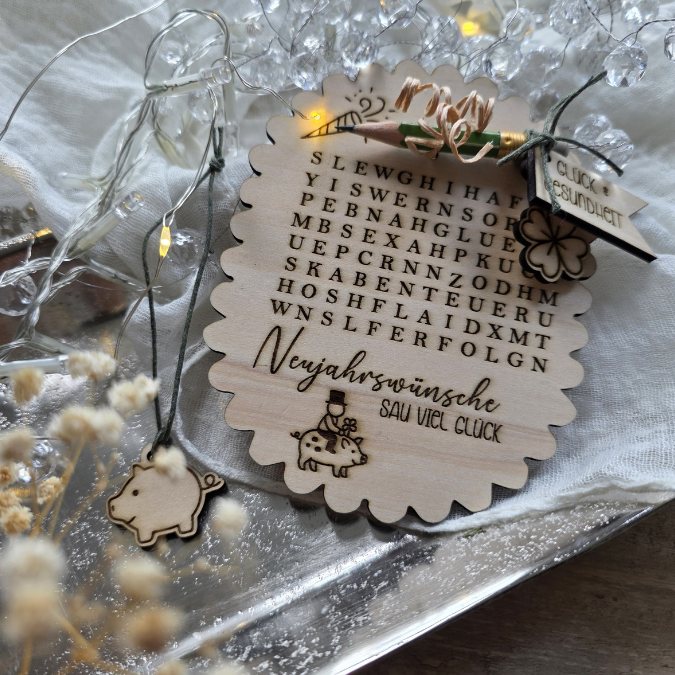 SVG Laserdatei Neujahreswünsche zum selber suchen Silvester Glück Glücksbringer Mitbringsel Silvester Neujahr Datei Kreuzworträtsel Laser – Bild 16