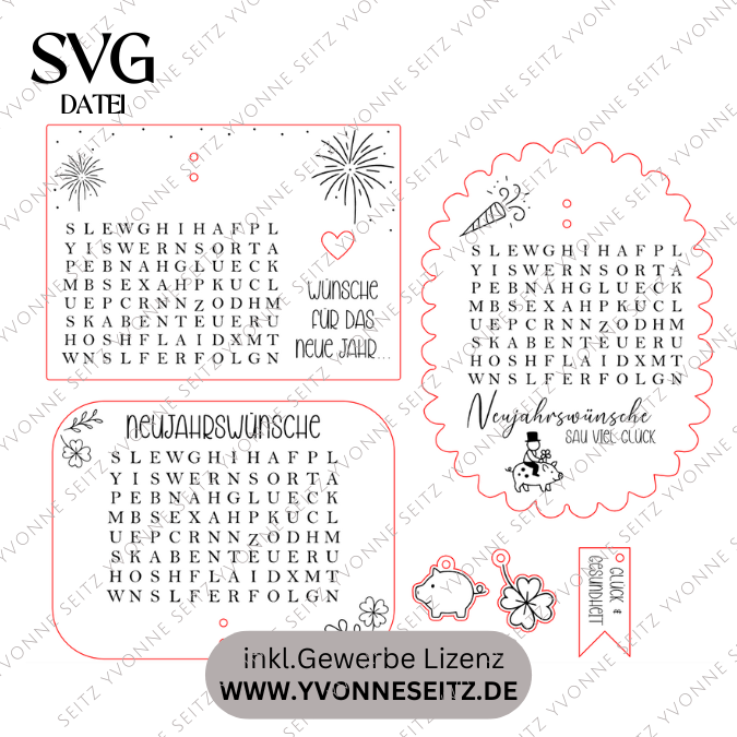 SVG Laserdatei Neujahreswünsche zum selber suchen Silvester Glück Glücksbringer Mitbringsel Silvester Neujahr Datei Kreuzworträtsel Laser – Bild 2