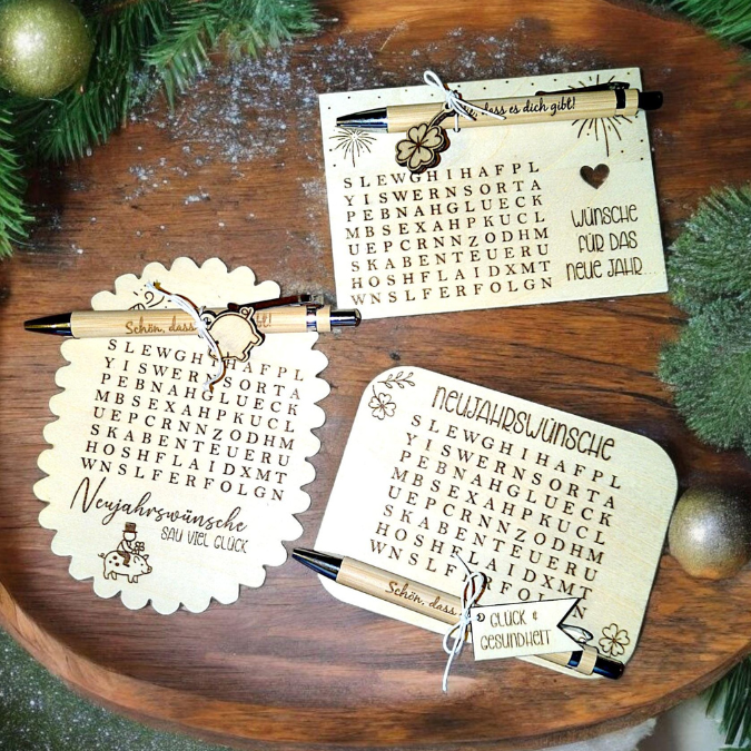 SVG Laserdatei Neujahreswünsche zum selber suchen Silvester Glück Glücksbringer Mitbringsel Silvester Neujahr Datei Kreuzworträtsel Laser – Bild 18