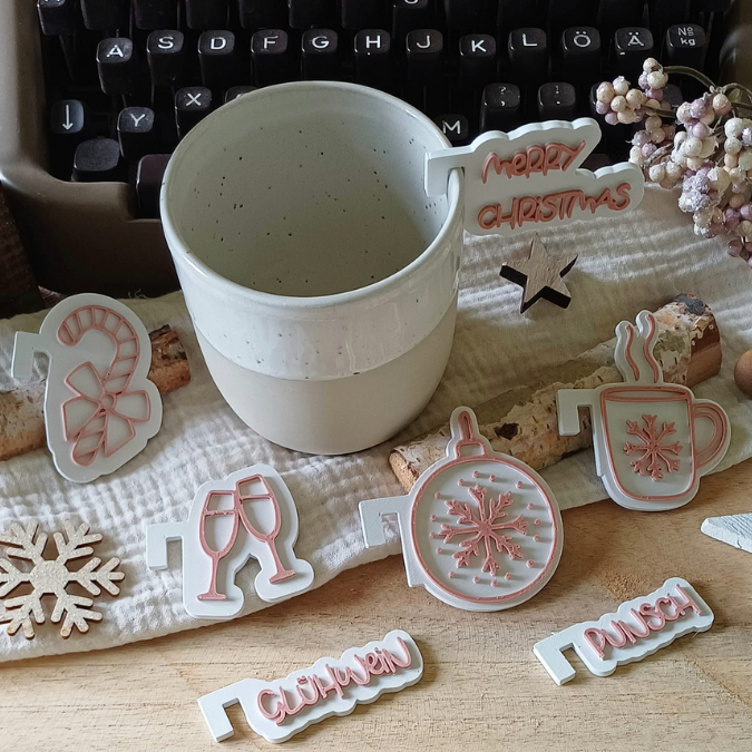 STL 3D Druck Datei 7er Set Glasmarkierer Glasanhänger Weihnachten Winter Feier Geschenkidee Skandi Christmas Skandi Deko Glühwein Punsch