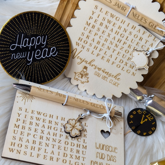 SVG Laserdatei Neujahreswünsche zum selber suchen Silvester Glück Glücksbringer Mitbringsel Silvester Neujahr Datei Kreuzworträtsel Laser – Bild 6