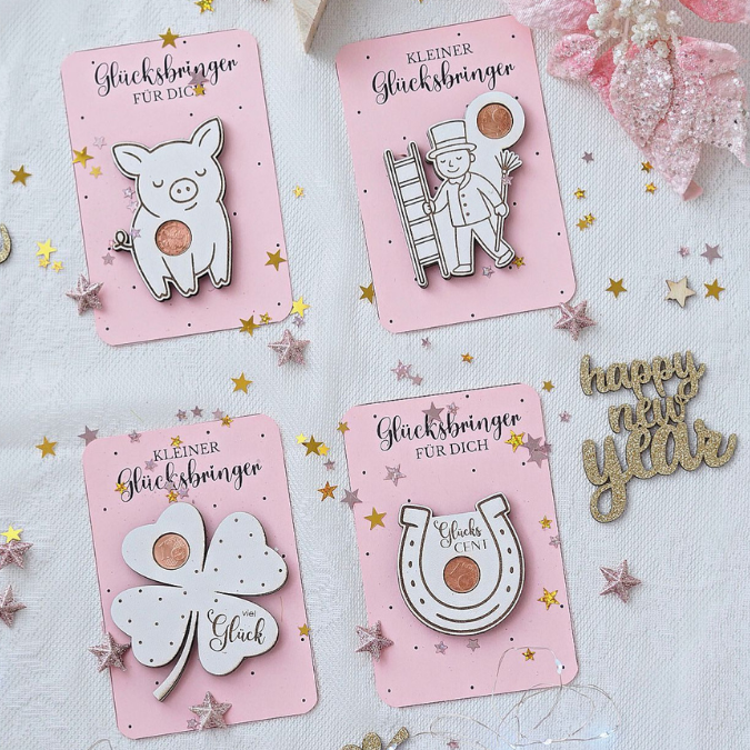 SVG Laserdatei Glückscent Halter für Centstücke 4 designs Glückspfennig Silvester Glück Glücksbringer Mitbringsel Silvester Neujahr Datei – Bild 9