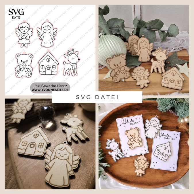 SVG Laserdatei 5 Designs Mini Anhänger Geschenkanhänger Weihnachten in der Tüte Christbaumschmuck kleine Mitbringsel SVG Datei Engel Rentier