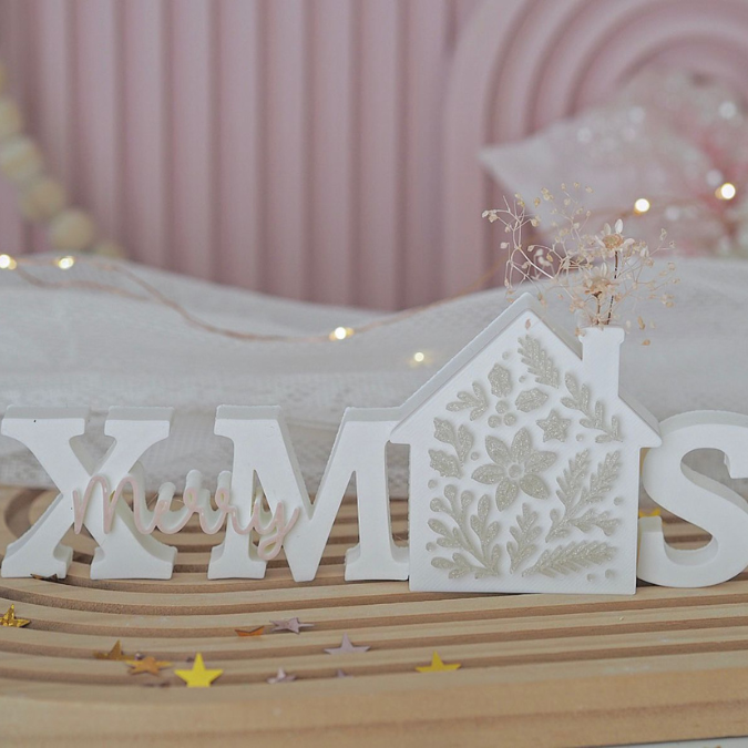STL 3D Druck Datei Merry Xmas mit Haus Schriftzug Weihnachten Deko Winterdeko 3D-Datei 3D-Druck Vorlage Floral Boho Geschenkidee – Bild 3