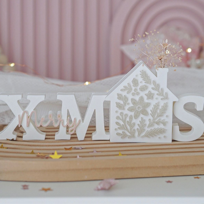 STL 3D Druck Datei Merry Xmas mit Haus Schriftzug Weihnachten Deko Winterdeko 3D-Datei 3D-Druck Vorlage Floral Boho Geschenkidee