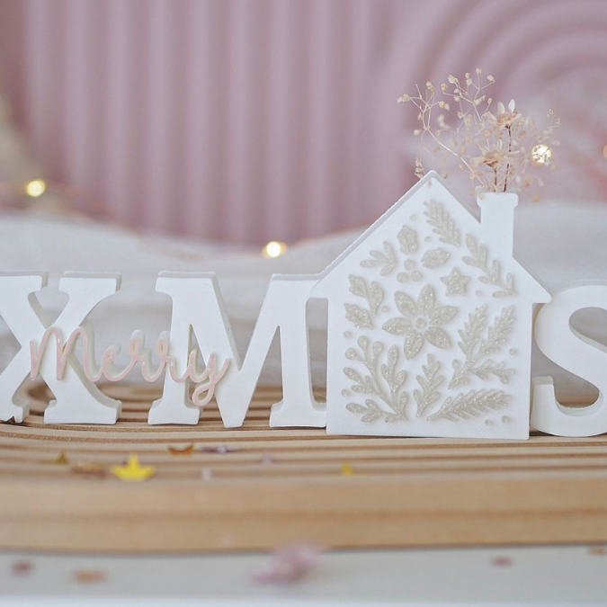 STL 3D Druck Datei Merry Xmas mit Haus Schriftzug Weihnachten Deko Winterdeko 3D-Datei 3D-Druck Vorlage Floral Boho Geschenkidee – Bild 5