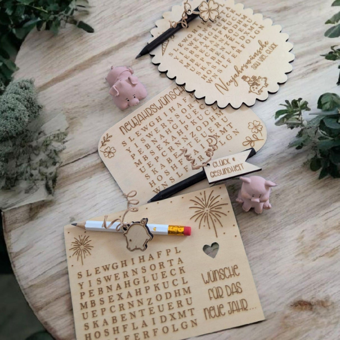 SVG Laserdatei Neujahreswünsche zum selber suchen Silvester Glück Glücksbringer Mitbringsel Silvester Neujahr Datei Kreuzworträtsel Laser – Bild 11