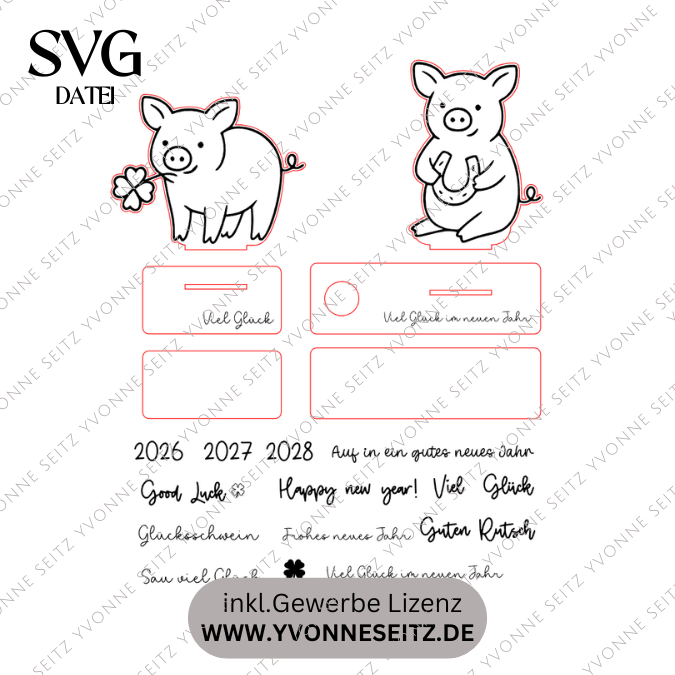 SVG Laserdatei Glücksschweine 3mm 4mm Aufsteller Tischdeko Silvester Glück Glücksbringer Mitbringsel Silvester Neujahr Datei Laser – Bild 2