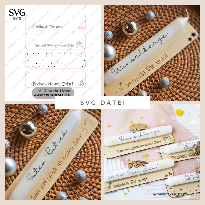SVG Laserdatei Halter für Kerzen Silvesterkerzen Silvester Neujahr Jahreswechsel Kerzen Happy New Year personalisierbar 4 Designs SVG Datei