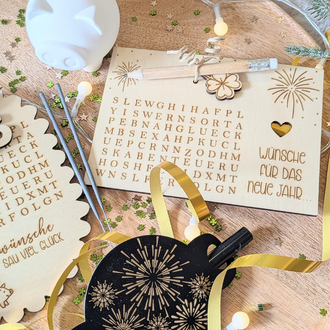 SVG Laserdatei Neujahreswünsche zum selber suchen Silvester Glück Glücksbringer Mitbringsel Silvester Neujahr Datei Kreuzworträtsel Laser – Bild 22