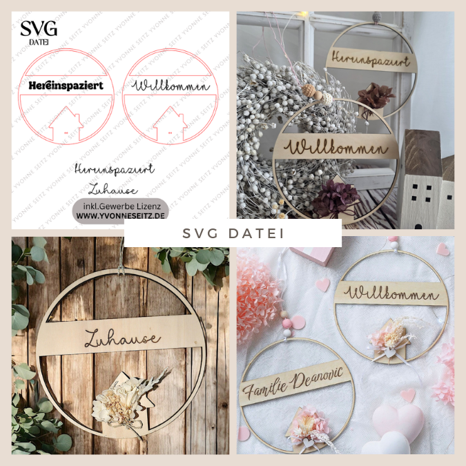 SVG Laserdatei 2er Set Kranz Hereinspaziert Willkommen Zuhause mit Häuschen für Trockenblumen Türdeko Geschenkidee SVG Datei loop hoop