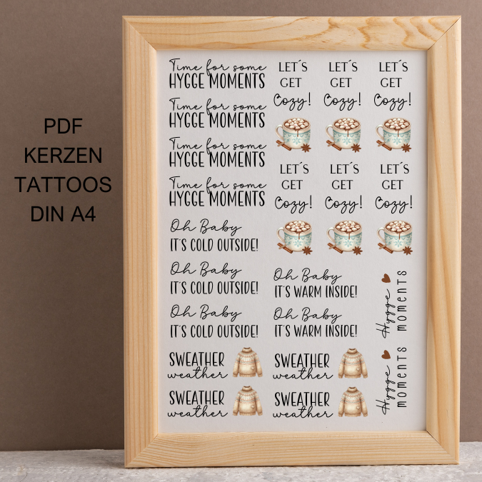 Cozy Moments Herbst Winter Hygge Hyggelig PDF Kerzen Tattoo Vorlage A4 Kerzentattoos zum selber drucken Kerzensticker DIGITALE DATEI