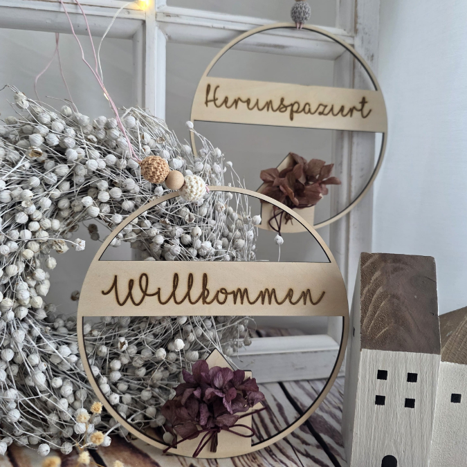SVG Laserdatei 2er Set Kranz Hereinspaziert Willkommen Zuhause mit Häuschen für Trockenblumen Türdeko Geschenkidee SVG Datei loop hoop