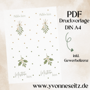 Postkarten Druckvorlage 2 Designs Mistletoe kisses Mistelzweig PDF Karte Geschenkkarte Printable Postkarte