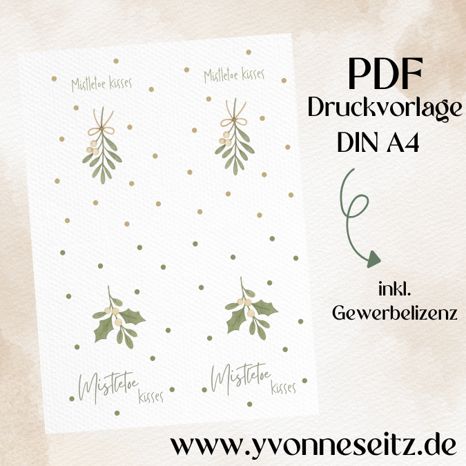 Postkarten Druckvorlage 2 Designs Mistletoe kisses Mistelzweig PDF Karte Geschenkkarte Printable Postkarte