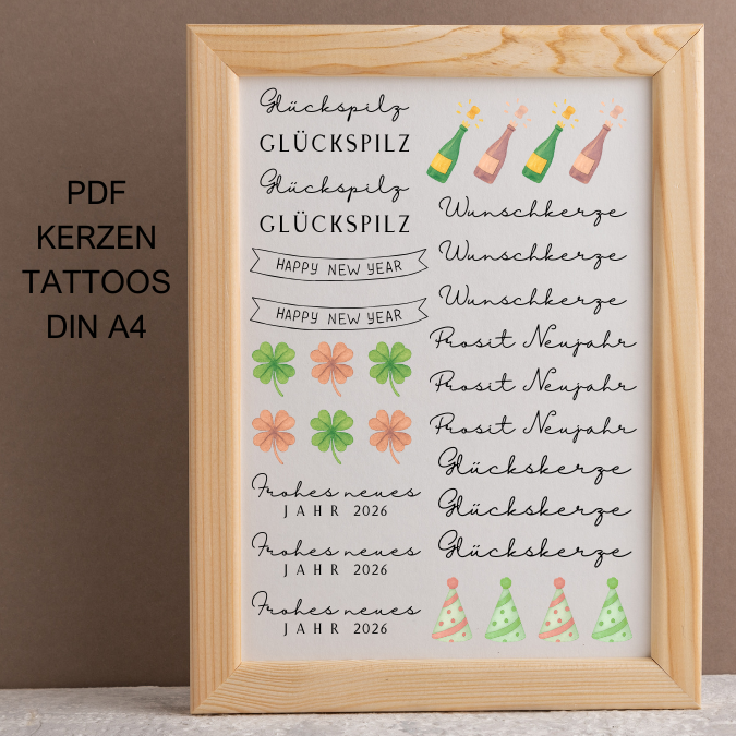 Silvester Frohes Neues Jahr Glück Neujahr PDF Kerzen Tattoo Vorlage A4 Kerzentattoos zum selber drucken für Wasserschiebefolie DIGITALE DATEI