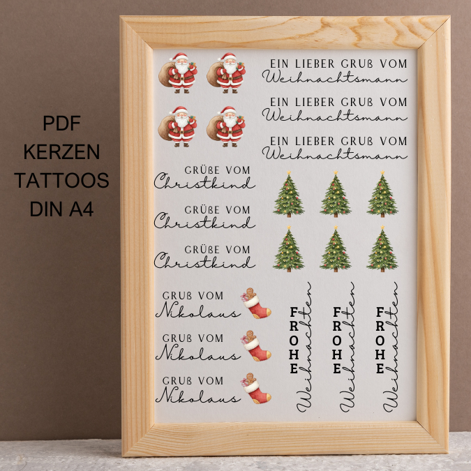 Nikolaus Christkind Weihnachtsmann Gruß PDF Kerzen Tattoo Vorlage A4 Kerzentattoos zum selber drucken für Wasserschiebefolie DIGITALE DATEI