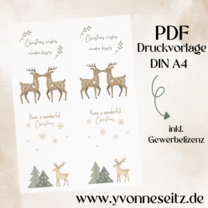 Postkarten Druckvorlage 2 Designs Christmas wishes Reindeer kisses PDF Karte Geschenkkarte Printable Postkarte Skandi Winter Weihnachtskarte