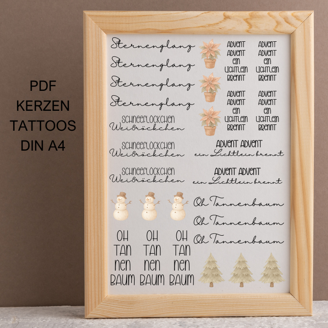 Advent Winter Weihnachten Sternenglanz Tannenbaum PDF Kerzen Tattoo Vorlage A4 Kerzentattoos zum selber drucken Kerzensticker DIGITALE DATEI
