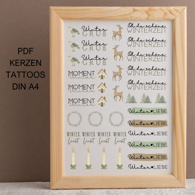 Wintergruß Winterliebe Reh PDF Kerzen Tattoo Vorlage A4 Kerzentattoos zum selber drucken für Wasserschiebefolie Kerzensticker DIGITALE DATEI