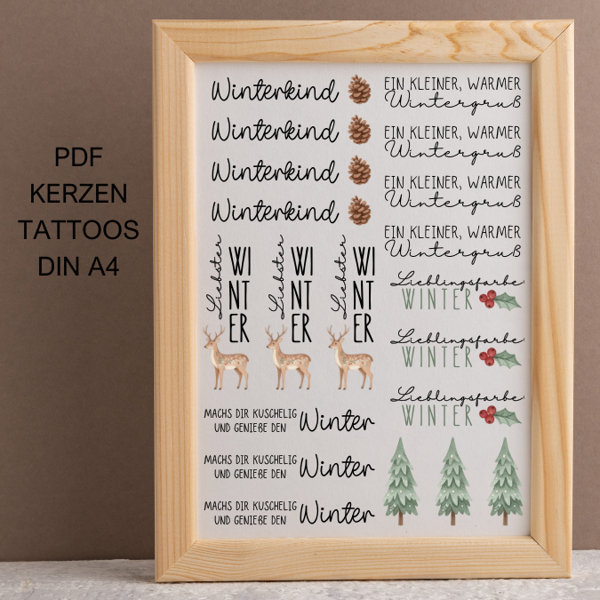 Winterkind Winterliebe PDF Kerzen Tattoo Vorlage A4 Kerzentattoos zum selber drucken Kerzensticker DIGITALE DATEI für Wasserschiebefolie
