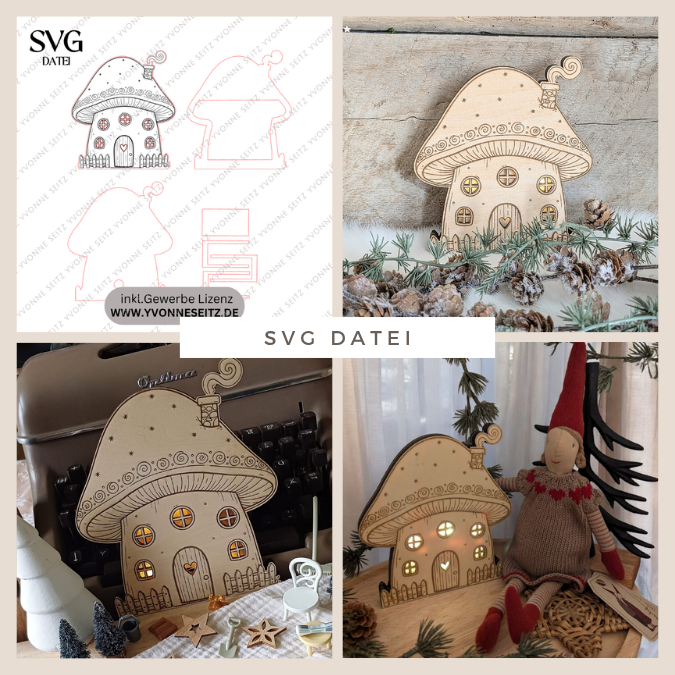 SVG Laser Datei Wichtelhaus zum beleuchten Wichtel Weihnachten Weihnachtswichtel Pilzhaus Feenhaus Wichtelidee Skandi Elfenhaus Kinder
